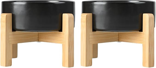 SPUNKYJUNKY Ceramic Elevated Dog Bowls 2 Pack - 6.1inch Raised Dog Bowls with Non-Slip Wooden Stand for Medium Dogs Dishwasher Safe(Black,28.7OZ*2) by SPUNKYJUNKY