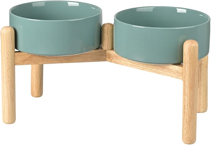 SPUNKYJUNKY Ceramics Elevated Dog Feeding Stand with Wooden Base - Double 60oz Bowls for Medium Large Dogs (Dark Green) by SPUNKYJUNKY