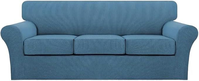 Turquoize 4 Piece Sofa Covers for 3 Cushion Couch Sofa Slipcover Soft Couch Cover for Dogs Washable Furniture Cover with 3 Individual Large Cushion Covers Feature Fabric (Large Sofa, Dusty Blue) by Turquoize