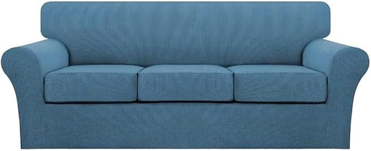 Turquoize 4 Piece Sofa Covers for 3 Cushion Couch Sofa Slipcover Soft Couch Cover for Dogs Washable Furniture Cover with 3 Individual Large Cushion Covers Feature Fabric (Large Sofa, Dusty Blue) by Turquoize
