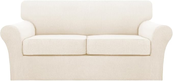 Turquoize 3 Piece Sofa Covers for 2 Cushion Couch Sofa Slipcover Soft Couch Cover for Dogs-Washable Furniture Cover with 2 Individual Covers, Feature Fabric (2 Cushion Sofa, Cream) by Turquoize