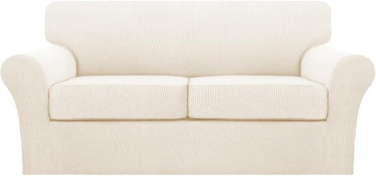 Turquoize 3 Piece Sofa Covers for 2 Cushion Couch Sofa Slipcover Soft Couch Cover for Dogs-Washable Furniture Cover with 2 Individual Covers, Feature Fabric (2 Cushion Sofa, Cream) by Turquoize