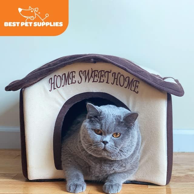 Best Pet Supplies Cat Bed for Indoor Cat, Domed Tent House with Removable Pillow, Covered Cat Cave for Small Dog, Puppies and All Breeds of Cats - Beige w/ Brown Stripes, 16 x 16 x H:14" - Image 4