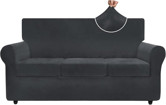 ZNSAYOTX Luxury Velvet Couch Cover 4 Piece (72"-92") Stretch Sofa Covers for 3 Cushion Couch Thick Soft Sofa Slipcover with Non Slip Strap, Dog Pet Friendly Nice Furniture Protector (Black) by ZNSAYOTX