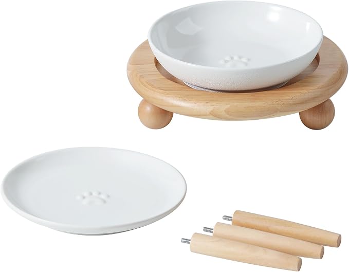 Havniva Elevated Cat Bowls, Raised Ceramic Cat Bowl with Stand, Two Heights | Cat Food & Water Bowl Set, Whisker Friendly, 5.6” Raised Cat Dishes + 6” Shallow Cat Plates, Non-slip Wood Stand, Kitten Bowl by Havniva