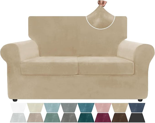 ZNSAYOTX Luxury Velvet Sofa Cover 3 Piece (57"-70") Stretch Loveseat Covers for 2 Cushion Couch Thick Soft Couch Slipcover with Non Slip Strap, Dog Pet Friendly Nice Furniture Protector (Camel) by ZNSAYOTX