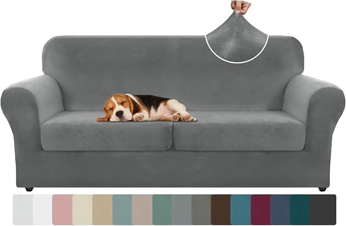 ZNSAYOTX Oversized Velvet 3 Piece Couch Cover with 2 Extra Large Seat Cushion Covers Stretch Sofa Cover for 2 Cushion Couch Thick Loveseat Sofa Slipcover for Living Room (Grey), 72"-92"(2 Cushions) by ZNSAYOTX