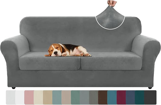 ZNSAYOTX Oversized Velvet 3 Piece Couch Cover with 2 Extra Large Seat Cushion Covers Stretch Sofa Cover for 2 Cushion Couch Thick Loveseat Sofa Slipcover for Living Room (Grey), 72"-92"(2 Cushions) by ZNSAYOTX
