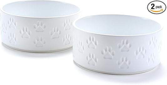 SPUNKYJUNKY Ceramic Dog and Cat Bowls 2 Pack, 6.1'' Dog and Cat Food Water Double Feeding Bowls Non-Slip for Large Sized Breed Microwave Dishwasher Safe - 28.7 OZ, 2pcs, Paw White by SPUNKYJUNKY