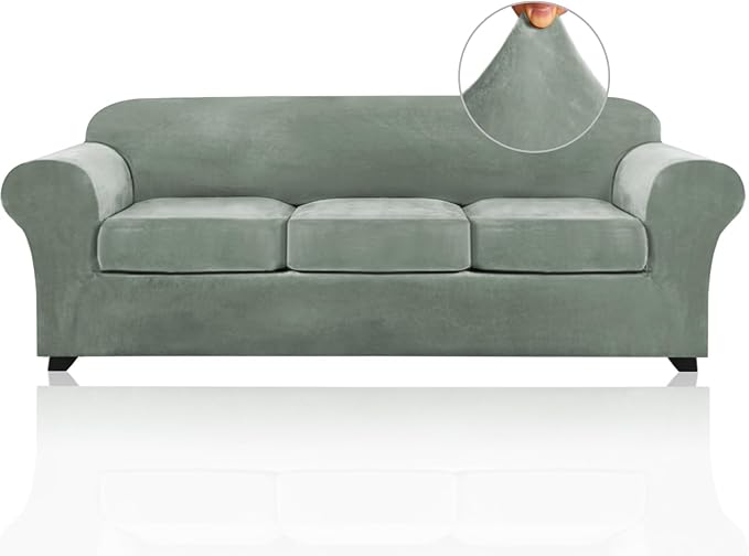 PrinceDeco PriceDeco Velvet XL Couch Cover for Oversized Sofa 4 Piece Sofa Covers for 3 Cushion Couch Washable Furniture Protector with Non Slip Elastic Bottom Width Up to 97 Inch(X-Large, Seagrass) by PrinceDeco