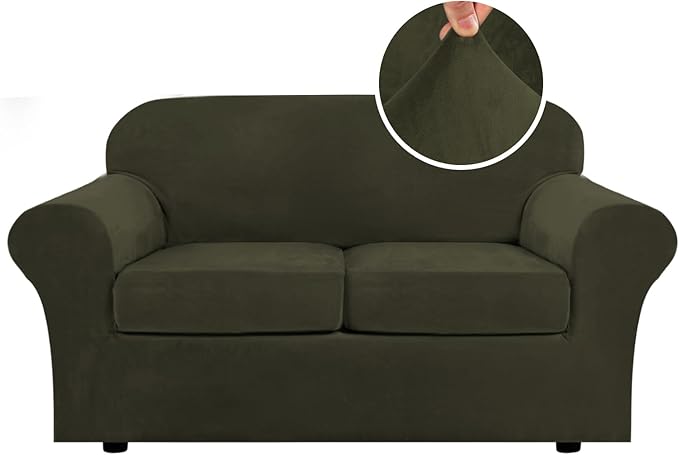 H.VERSAILTEX Real Velvet Plush 3 Piece Stretch Sofa Covers Couch Covers for 2 Cushion Couch Loveseat Covers Width Up to 72 Inch Feature Thick Soft Stay in Place (Medium Sofa, Olive) by HVERSAILTEX