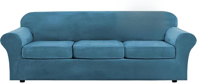 H.VERSAILTEX High Stretch Sofa Slipcover 4 Piece Cover Velvet Furniture Protector Form Fit Thick Velvet Extra Large Sofa Cover for 3 Cushion Couch Width Up to 97 Inch (Large Sofa, Peacock Blue) by HVERSAILTEX