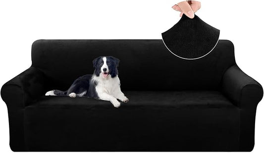 U-NICE HOME Velvet Sofa Covers Stretch Couch Covers for 3 Cushion Couch Furniture Protector Sofa Slipcover (Large, Black) by U-NICEHOME