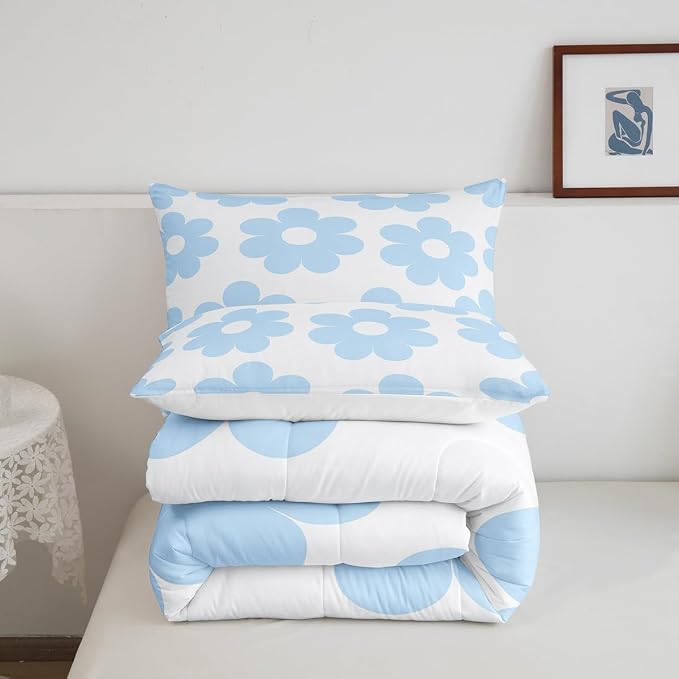 Manfei Cute Daisy Flowers Queen Size Comforter Set,70s Retro Groovy Down Alternative Comforter Adults Bedroom Decor,Cartoon Floral Blue Ultra Soft Microfiber Inner Fill 3Pcs Bedding - Image 4