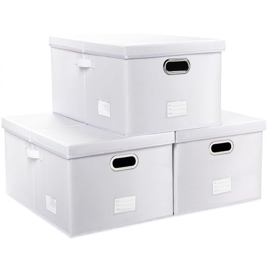 PRANDOM Collapsible Storage Box with Lid [3-Pack] Leather Fabric Foldable Storage Bin Organizer Container Basket Cube with Cover for Home Bedroom Closet Office Nursery White(22.8X15.7X11.8) by Prandom