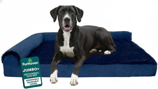 Furhaven Orthopedic Dog Bed for Large Dogs w/ Removable Bolsters & Washable Cover, For Dogs Up to 125 lbs - Plush & Velvet L Shaped Chaise - Deep Sapphire, Jumbo Plus/XXL by FurHaven