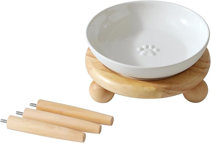 Havniva Elevated Cat Bowls, Raised Ceramic Cat Bowl with Stand, Two Heights | Cat Food & Water Bowl Set, Whisker Friendly, 5.6” Raised Cat Dishes, Shallow Cat Plate, Non-slip Wood Stand, Kitten Food Bowl by Havniva