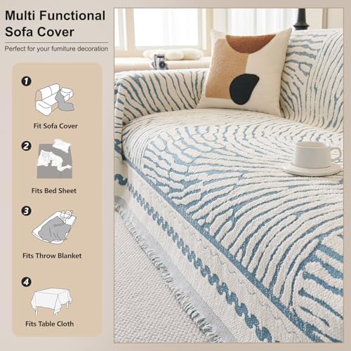 ROOMLIFE Thicked Striped Couch Cover with Tassel Blue Chenille Sofa Cover Blanket for Sectional Sofa, Soft Sofa Slipcovers for L Shaped Love Seat 2-3 Cushion Couch Anti Slip Sofa Protector, 71"x134" - Image 5