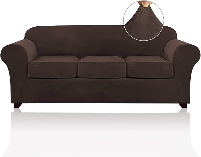 PrinceDeco Velvet Couch Covers for Sofa Soft 4 Pieces Couch Covers for 3 Cushion Couch Sofa Pet Friendly Furniture Protector with Non Slip Elastic Bottom Width Up to 90 Inch (Large, Brown) by PrinceDeco