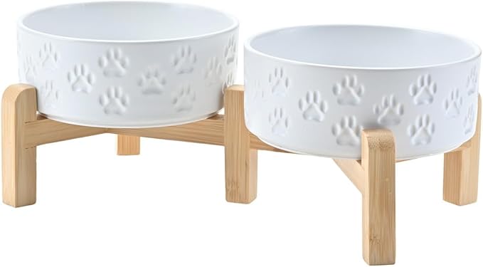 SPUNKYJUNKY Elevated Dog Bowls Ceramic, 5.1'' Dogs and Cat Food Water Bowls Raised with Non-Slip Bamboo Stand for Puppy Small Sized Breed Microwave Dishwasher Safe - 13.5 OZ,Paw White by SPUNKYJUNKY