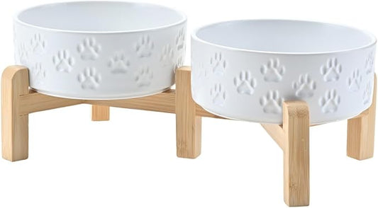SPUNKYJUNKY Elevated Dog Bowls Ceramic, 5.1'' Dogs and Cat Food Water Bowls Raised with Non-Slip Bamboo Stand for Puppy Small Sized Breed Microwave Dishwasher Safe - 13.5 OZ,Paw White by SPUNKYJUNKY