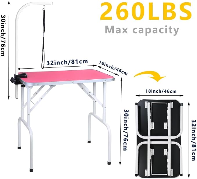 LEIBOU Pet Dog Grooming Table Foldable Grooming Table Heavy Duty Iron Frame with Arm & Noose for Dog Cat Pet Grooming (32'', Pink) - Image 2