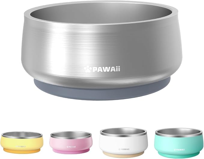 Pawaii Dog Bowl,34 oz Stainless Steel Food and Water Bowl,ID Tag,1 Pack | Double-Wall Design,Non-Slip Rubber Base,Dishwasher Safe,Smooth Open Design, Not a Slow Feeder,Easy-Rinse Interior by Pawaii