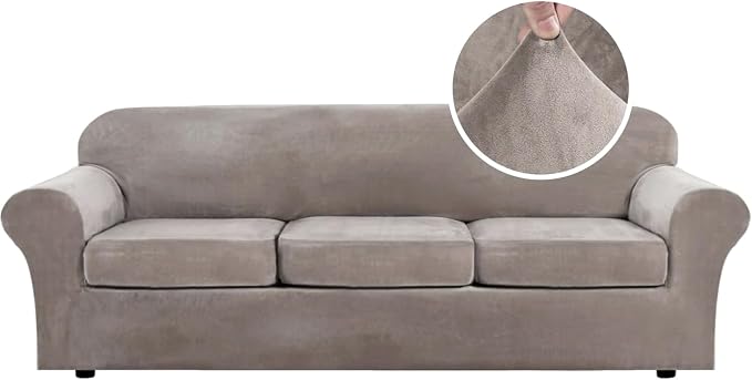 H.VERSAILTEX Velvet 4 Piece High Stretch Sofa Slipcover Cover Furniture Protector Form Fit Luxury Thick Velvet Extra Large Sofa Cover for 3 Cushion Couch Width Up to 105 Inch (XL Sofa, Taupe) by HVERSAILTEX