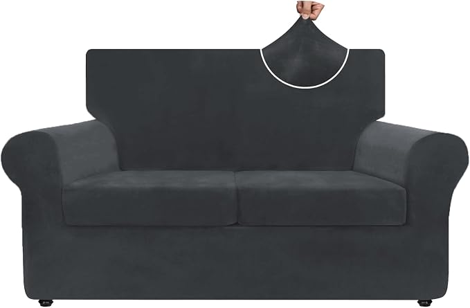 ZNSAYOTX Luxury Velvet Sofa Cover 3 Piece (57"-70") Stretch Loveseat Covers for 2 Cushion Couch Thick Soft Couch Slipcover with Non Slip Strap, Dog Pet Friendly Nice Furniture Protector (Black) by ZNSAYOTX