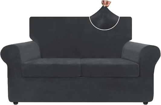 ZNSAYOTX Luxury Velvet Sofa Cover 3 Piece (57"-70") Stretch Loveseat Covers for 2 Cushion Couch Thick Soft Couch Slipcover with Non Slip Strap, Dog Pet Friendly Nice Furniture Protector (Black) by ZNSAYOTX