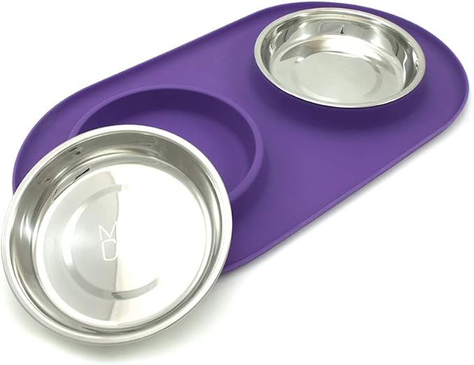 Messy Cats Double Silicone Feeder, Stainless Bowls, 1.75 Cup, Purple | Non-Slip Silicone Double Cat Feeder With Two Removable Stainless Steel Saucer Bowls For Food And Water - Image 2