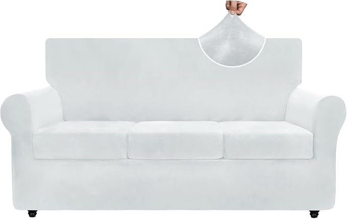 ZNSAYOTX Luxury Velvet Couch Cover 4 Piece (72"-92") Stretch Sofa Covers for 3 Cushion Couch Thick Soft Sofa Slipcover with Non Slip Strap, Dog Pet Friendly Nice Furniture Protector (Silver Grey) by ZNSAYOTX