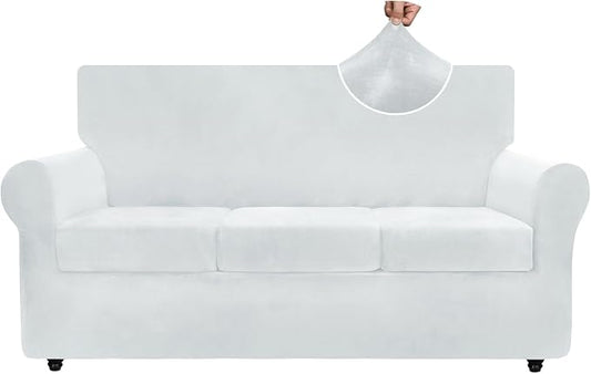 ZNSAYOTX Luxury Velvet Couch Cover 4 Piece (72"-92") Stretch Sofa Covers for 3 Cushion Couch Thick Soft Sofa Slipcover with Non Slip Strap, Dog Pet Friendly Nice Furniture Protector (Silver Grey) by ZNSAYOTX