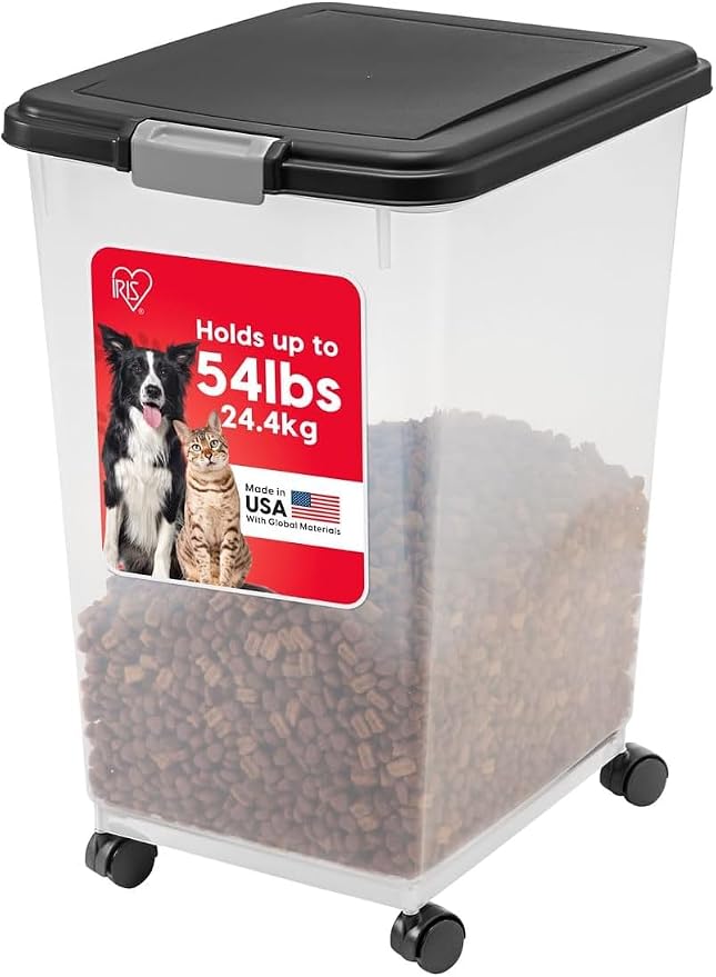 IRIS USA Airtight Dog Food Storage Container, Up to 54 lbs, Attachable Wheels, For Dog Cat Bird and Other Pet Food Storage Bin, Keep Fresh, Translucent Body, Easy Mobility, Black by IRISUSA