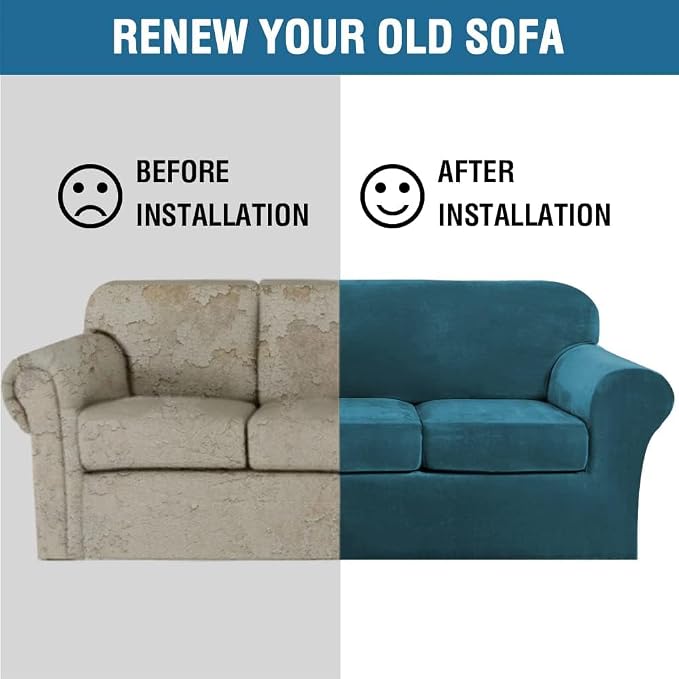 H.VERSAILTEX High Stretch Sofa Slipcover 4 Piece Cover Velvet Furniture Protector Form Fit Thick Velvet Extra Large Sofa Cover for 3 Cushion Couch Width Up to 97 Inch (Large Sofa, Peacock Blue) - Image 7