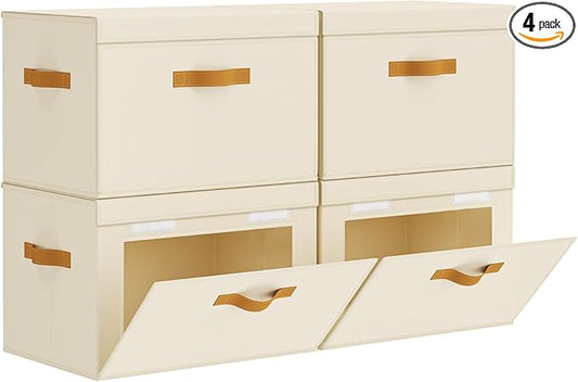 Homsorout Large Storage Bins with Lids - Front Opening Fabric Storage Bins, Flap Closet Organizer with Handles, Collapsible Boxes with Lid, Decorative Basket for Home, Dorm, 4 Pack, Beige by Homsorout