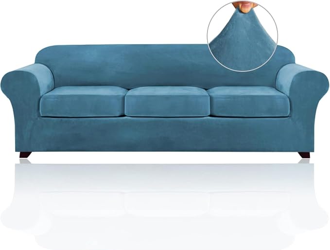 PrinceDeco Velvet Couch Covers for Sofa Soft 4 Pieces Couch Covers for 3 Cushion Couch Sofa Pet Friendly Furniture Protector with Non Slip Elastic Bottom Width Up to 97 Inch (Large Sofas, Blue) by PrinceDeco
