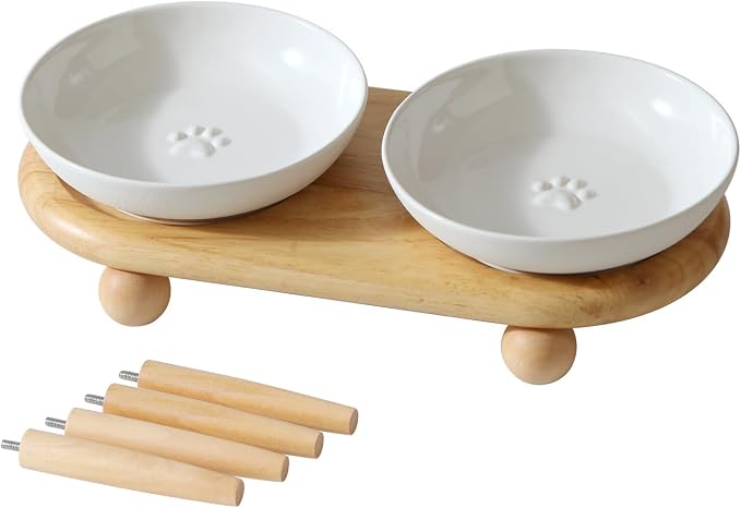 Havniva Elevated Cat Bowls, Raised Ceramic Cat Bowl with Stand, Two Heights | Cat Food & Water Bowl Set, Whisker Friendly, 5.6” Raised Cat Dishes, Shallow Cat Plate, Non-slip Wood Stand, Kitten Food Bowl by Havniva
