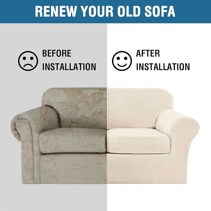 H.VERSAILTEX 3 Piece Stretch Sofa Covers Couch Covers for 2 Cushion Couch Loveseat Covers Width Up to 72 Inch Feature Thick Soft Stay in Place (Medium Sofa, Cream) - Image 8