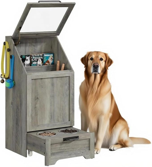 Dog Feeding Station, with Pet Feeding Station,Flip Top Dog Food Storage Cabinet, 2 Elevated Bowls, Includes 3 Hooks for Accessories – Space-Saving Design, Grey by EcoSummer