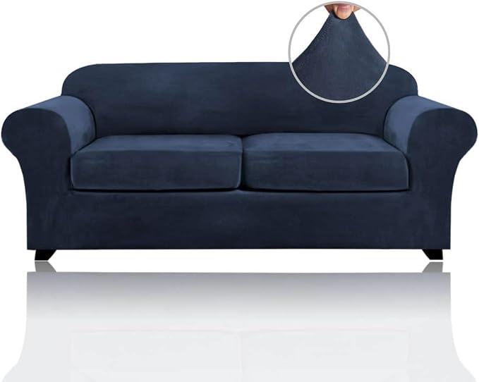 PrinceDeco Couch Cover Velvet Plush Sofa Covers for 2 Cushion Couch Width Up to 90 Inch Washable Furniture Protector Pet Friendly No Slip Sofa Slipcover(Medium-Large, Navy) by PrinceDeco
