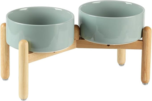 Havniva Elevated Dog Bowls Ceramic Dog Bowls with Stand, Dog Food Bowl | 7.3” Raised Dog Bowls with Non-Slip Wood Stand, Dog Food and Water Bowl Set, Double Dog Feeding Bowls for Medium Dogs by Havniva