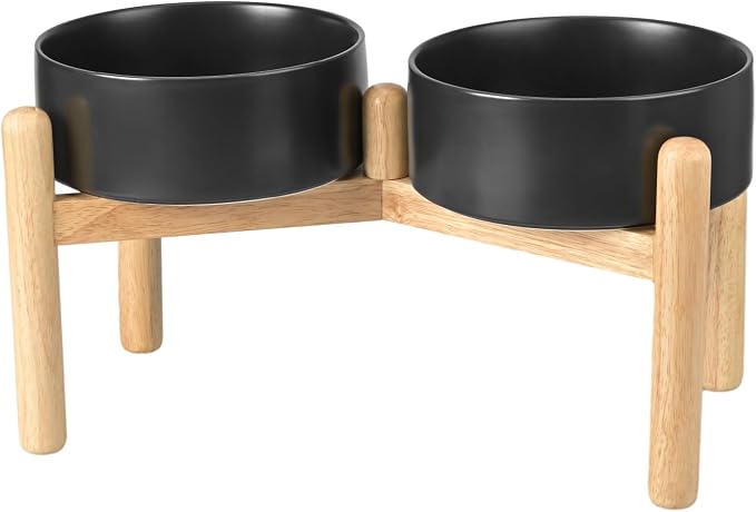 SPUNKYJUNKY Ceramics Elevated Dog Bowls with Wooden Stand Raised Dog Bowl for Medium Large Dog Food and Water Pet Feeding Bowl(Double 60OZ Bowls,Black) by SPUNKYJUNKY