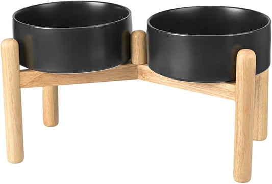 SPUNKYJUNKY Ceramics Elevated Dog Bowls with Wooden Stand Raised Dog Bowl for Medium Large Dog Food and Water Pet Feeding Bowl(Double 60OZ Bowls,Black) by SPUNKYJUNKY