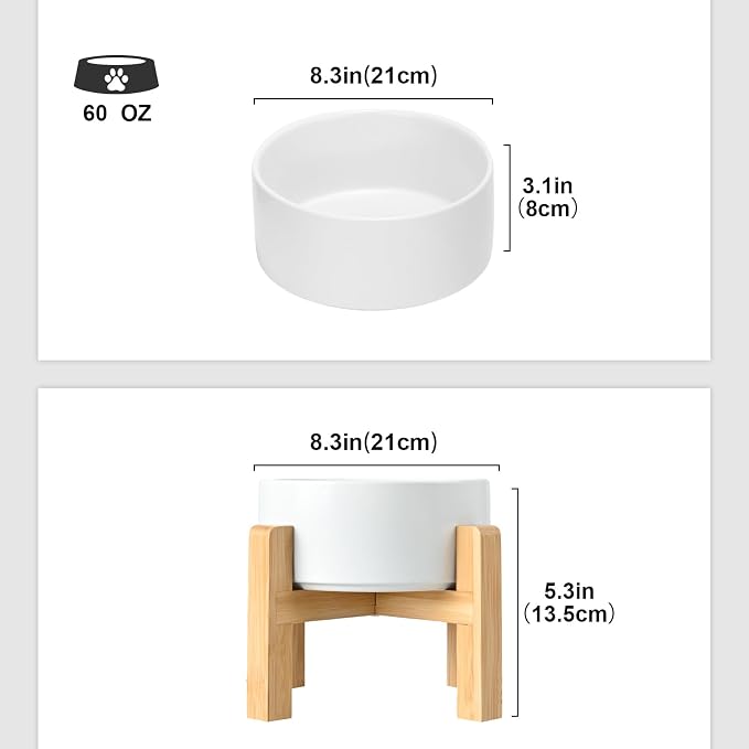 SPUNKYJUNKY Ceramic Elevated Dog Bowls 2 Pack - 8.3inch Raised Dog Bowls with Non-Slip Wooden Stand for Large Dogs Dishwasher Safe(White,60OZ*2) - Image 2