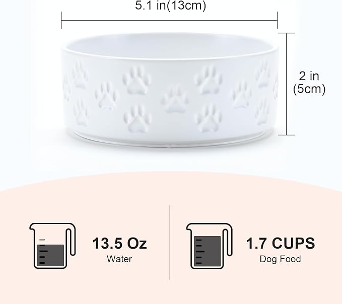 SPUNKYJUNKY Ceramic Dog and Cat Bowls 2 Pack, 5.1'' Dog and Cat Food Water Double Feeding Bowls Non-Slip for Cats and Puppy Small Sized Breed Dogs Microwave Dishwasher Safe - 13.5 OZ, 2pcs, Paw White - Image 2