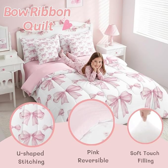 Erosebridal 7 Piece Pink Bowknot Kids Comforter Set Twin Bed in a Bag,Dreamy Princess Style Kids Girls Bedding Set for Women,Girly Bow Tie Bed Set,Romantic Valentine Sheet Set Reversible Quilt - Image 2
