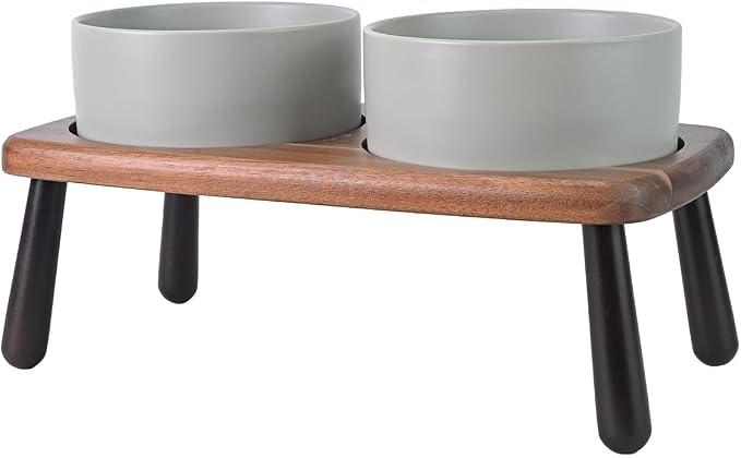 SPUNKYJUNKY Ceramic Elevated Dog Bowls Raised with Acacia Bamboo Wooden Stand, 6.1'' Dog and Cat Food Water Bowls Set Non-Slip for Small Medium Sized Breed Microwave Dishwasher Safe - 28.7 OZ,Grey by SPUNKYJUNKY