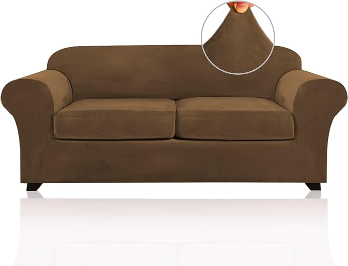 PrinceDeco Couch Cover Velvet Plush Sofa Covers for 2 Cushion Couch Width Up to 90 Inch Washable Furniture Protector Pet Friendly No Slip Sofa Slipcover(Medium-Large, Bronze Brown) by PrinceDeco