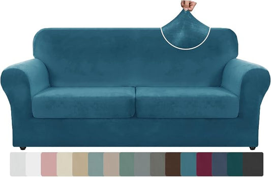 ZNSAYOTX Oversized Velvet 3 Piece Couch Cover with 2 Extra Large Seat Cushion Covers Stretch Sofa Cover for 2 Cushion Couch Thick Soft Loveseat Sofa Slipcover (Peacock Blue), 72"-92"(2 Cushions) by ZNSAYOTX